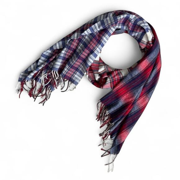 Soft Red & Blue Plaid Fringe Scarf - Picture 1 of 5